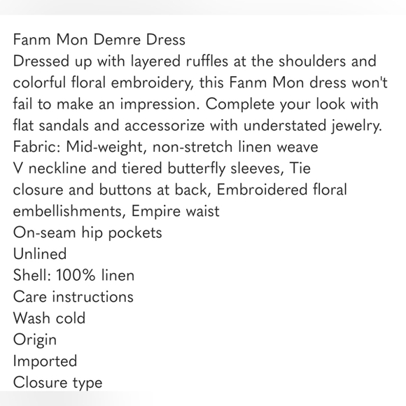 FANM MON Aster Pink DemreLinen Embroidered Maxi DressRuffle Sleeve NWT - Picture 13 of 16